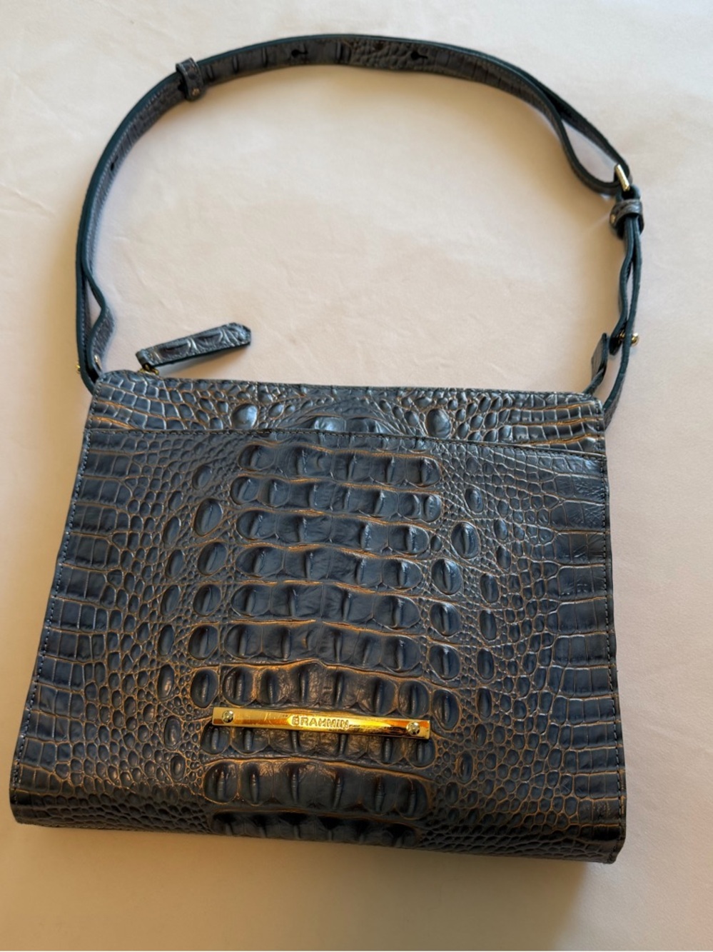 Brahmin Black Croc-Embossed Leather Shoulder Bag with Gold Plaque